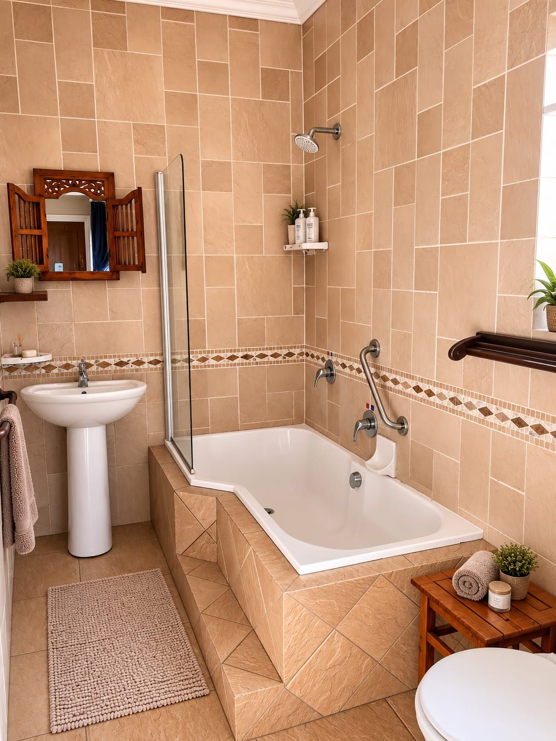 Un baño con bañera, lavamanos, ducha y espejo.