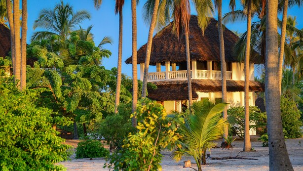Ein reetgedecktes Bungalow mit Balkon, umgeben von Palmen und viel Grün an einem Sandstrand.