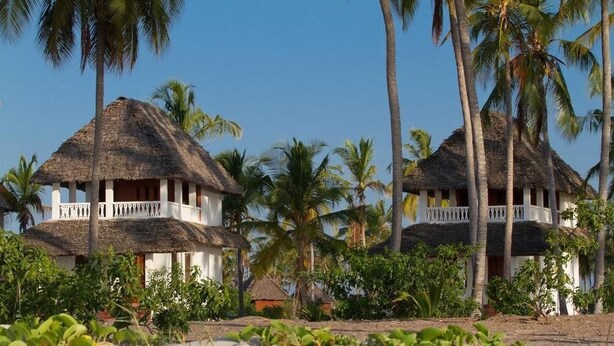 Two thatched-roof bungalows with balconies, surrounded by palm trees and tropical vegetation. - Kijongo Bay Beach Resort (Pangani)