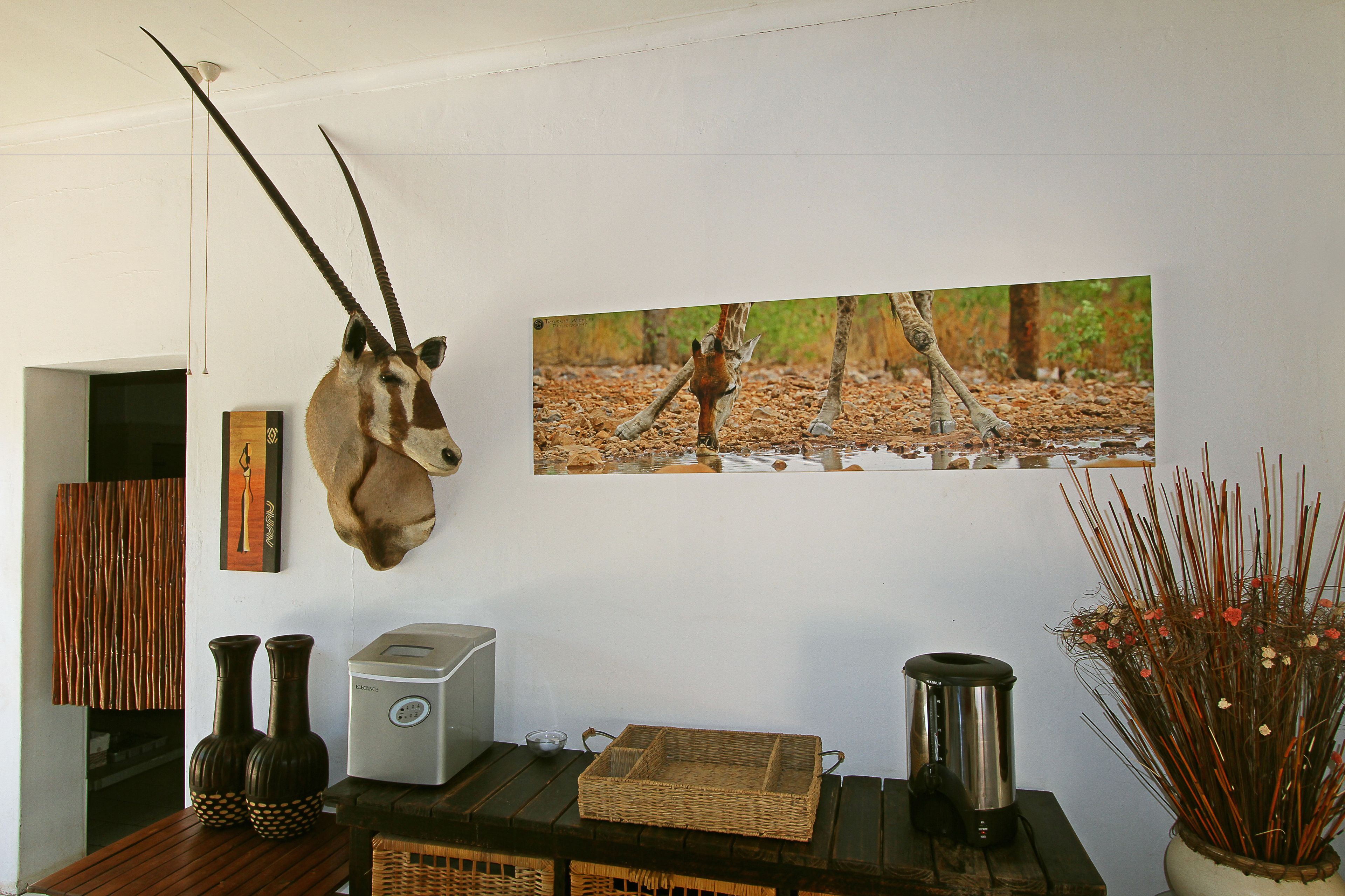 Una habitación con un trofeo de caza, cafetera, un jarrón con plantas secas y un retrato en la pared.