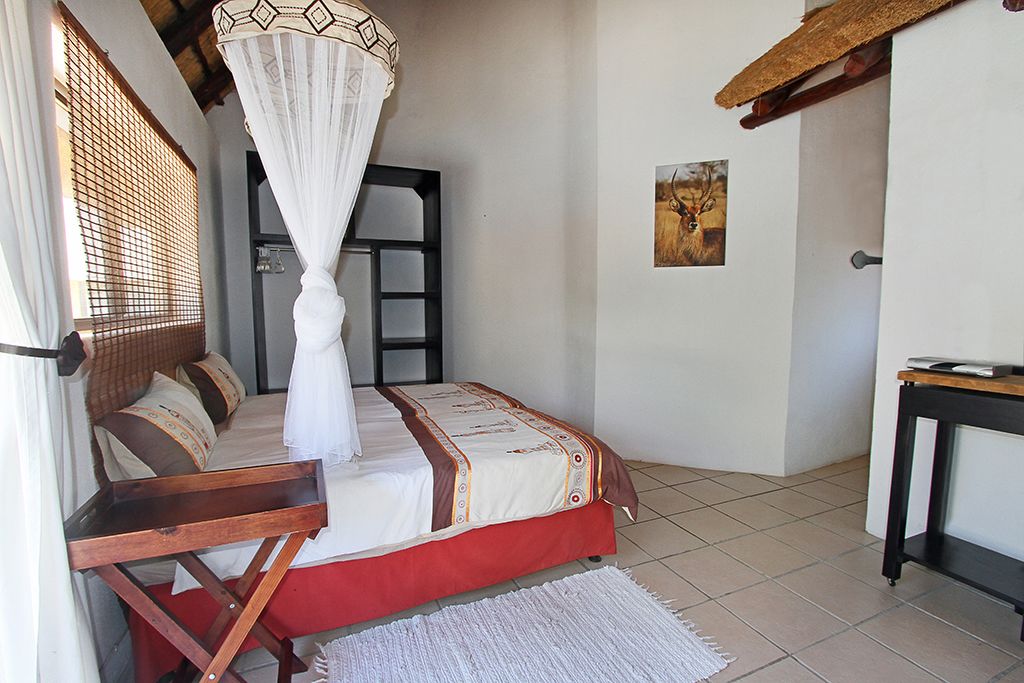 A bedroom with a bed, a wooden bench, a mosquito net, a door, and a picture on the wall.