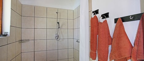 Zona de ducha con paredes de azulejos y cabezal.