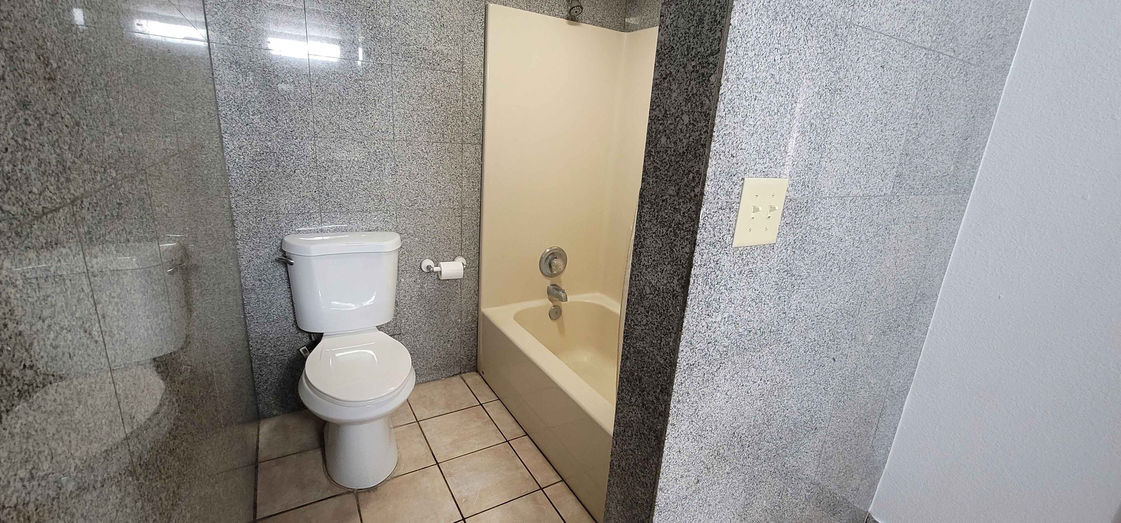 A bathroom with a toilet, a bathtub, and a shower.