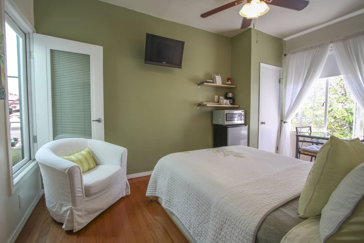 Un dormitorio con una cama, una silla, un televisor y una ventana con cortinas.