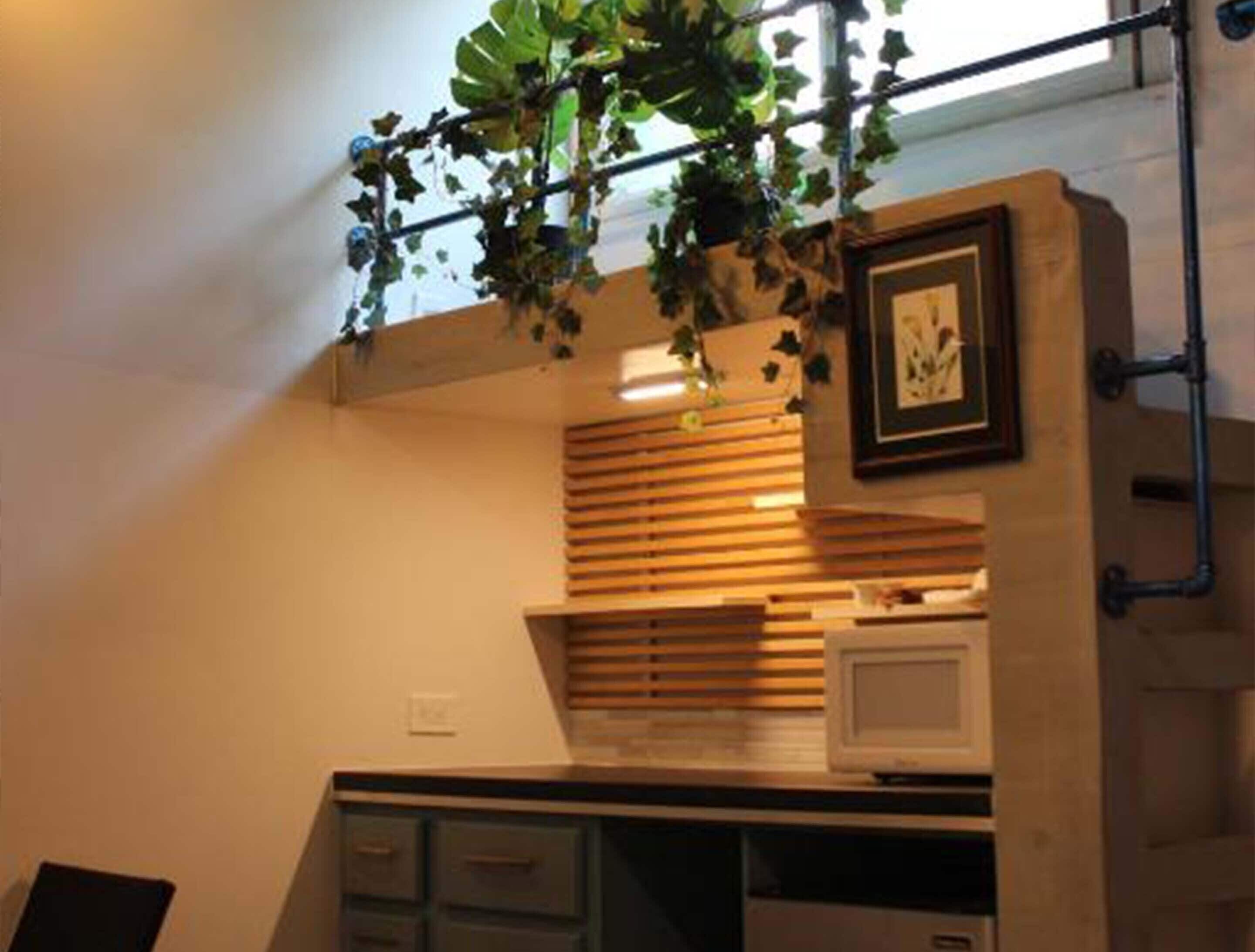 A kitchen with wooden cabinets, a microwave, and a hanging plant.