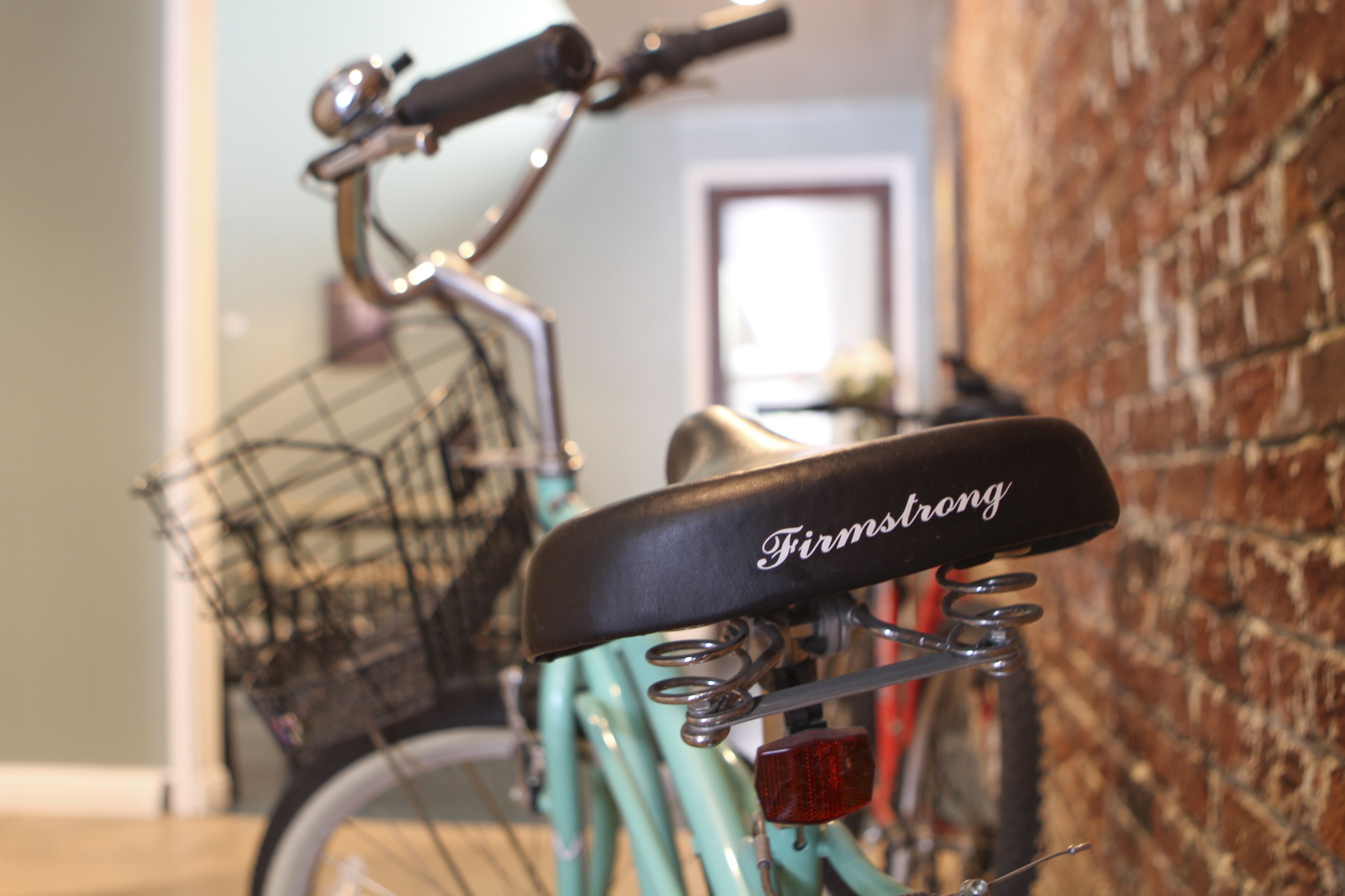Een smaragdgroene fiets met een zwart zadel, voorzien van het label 'Firmstrong' en een bagagedrager.