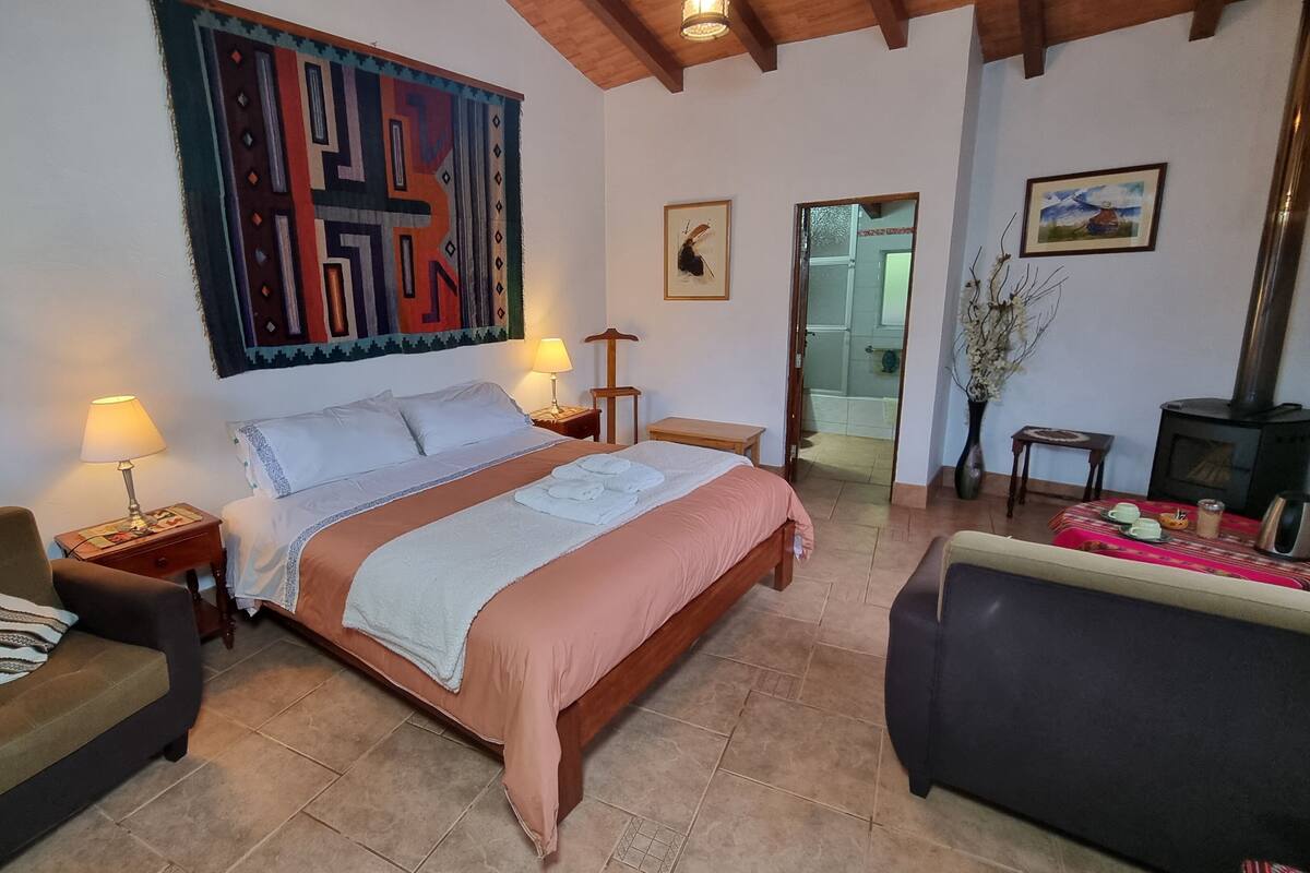 Quarto com uma cama grande, duas mesas de cabeceira, uma poltrona, um sofá, um quadro, um vaso e uma lareira.