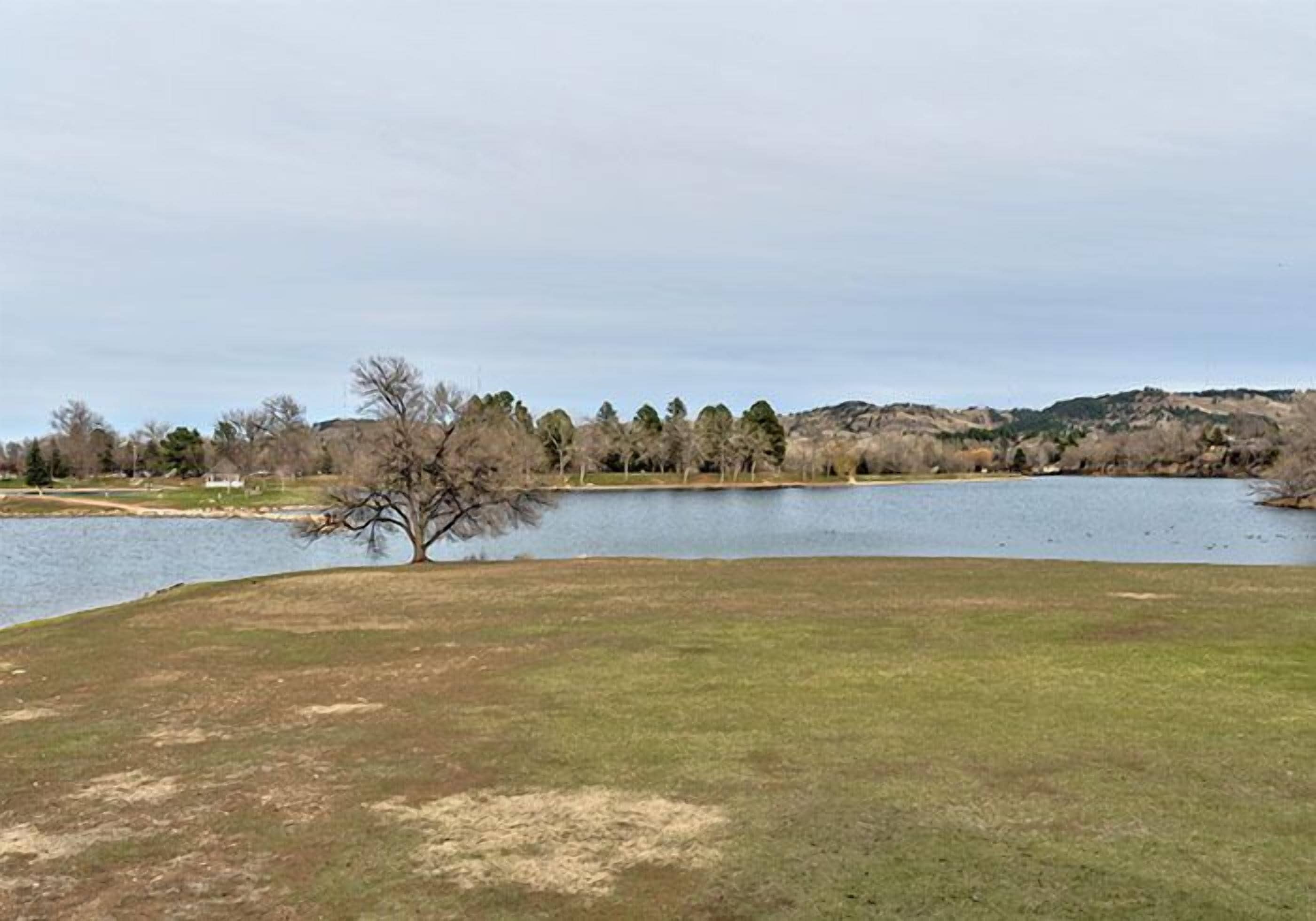 A lake with a grassy area in the foreground and trees in the background.