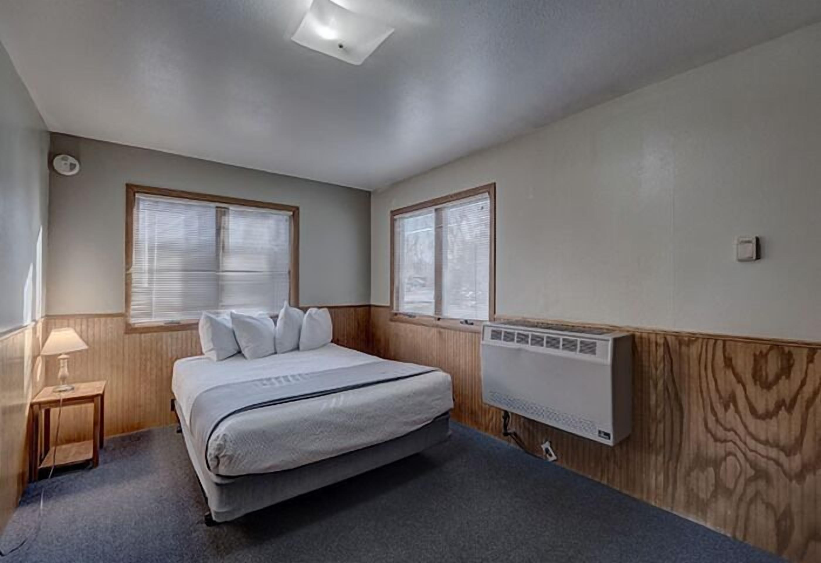 A bedroom with a bed, two windows with blinds, a bedside lamp, and a wall-mounted heater.