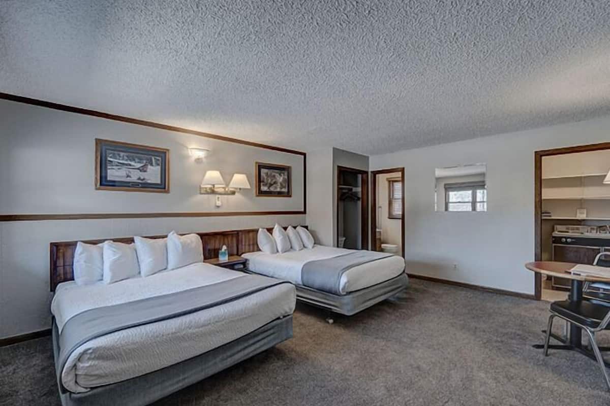 Une chambre d’hôtel avec deux lits, un bureau, une chaise, un porte-manteau et une kitchenette.
