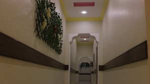 A hallway with a floral wall decoration, a ceiling light, and a door at the end. - Hotel Royal Palace (Karachi)