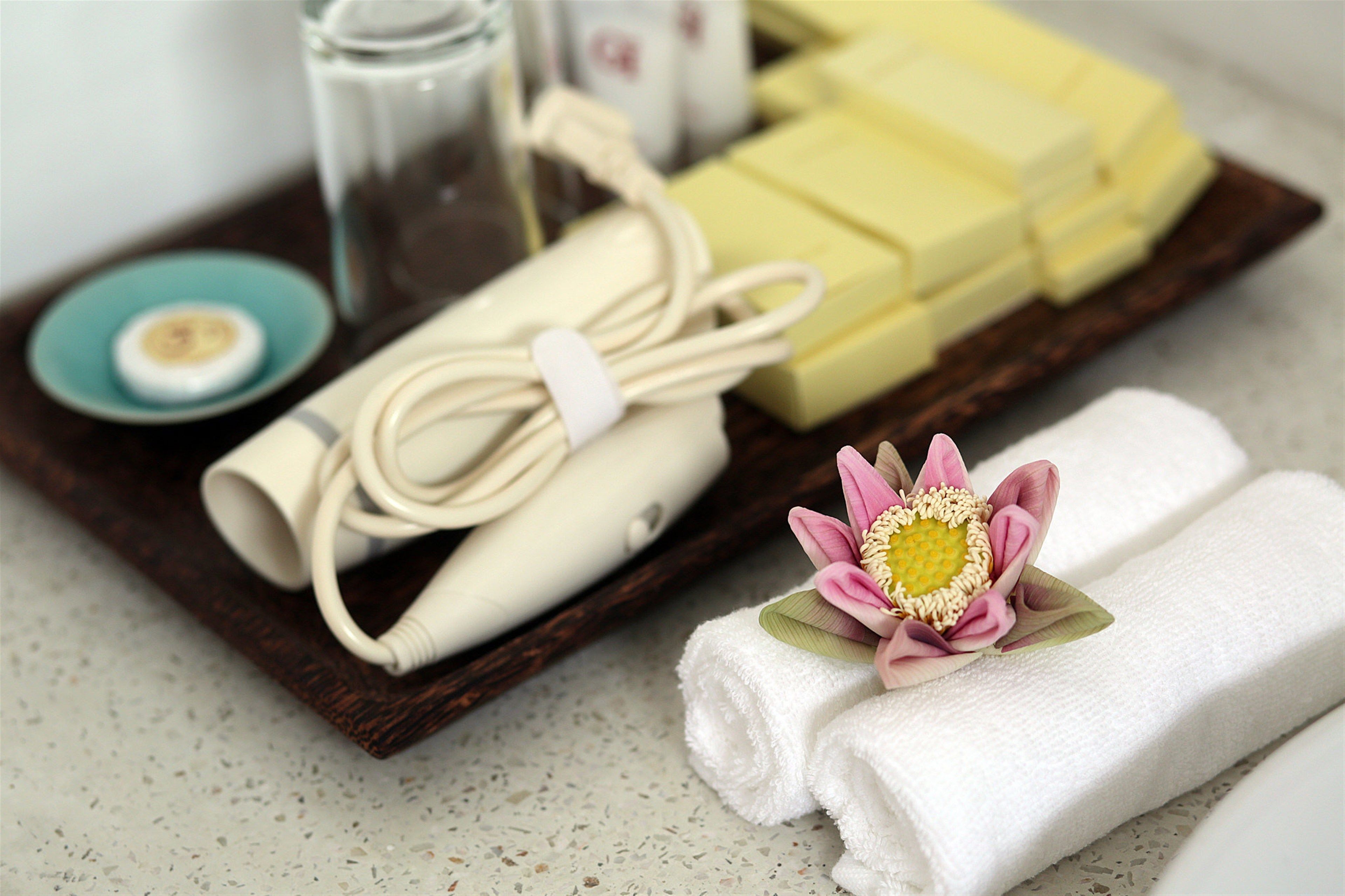 free toiletries, hair dryer, slippers, towels