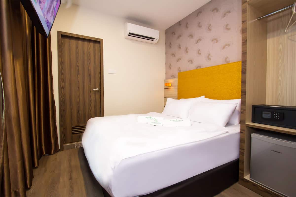 A hotel room with a bed, an air conditioner, a wardrobe, and a television.