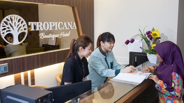Mostrador de recepción en el Tropicana Boutique Hotel con un diseño moderno, que incluye un espejo grande y un corte decorativo de árbol.