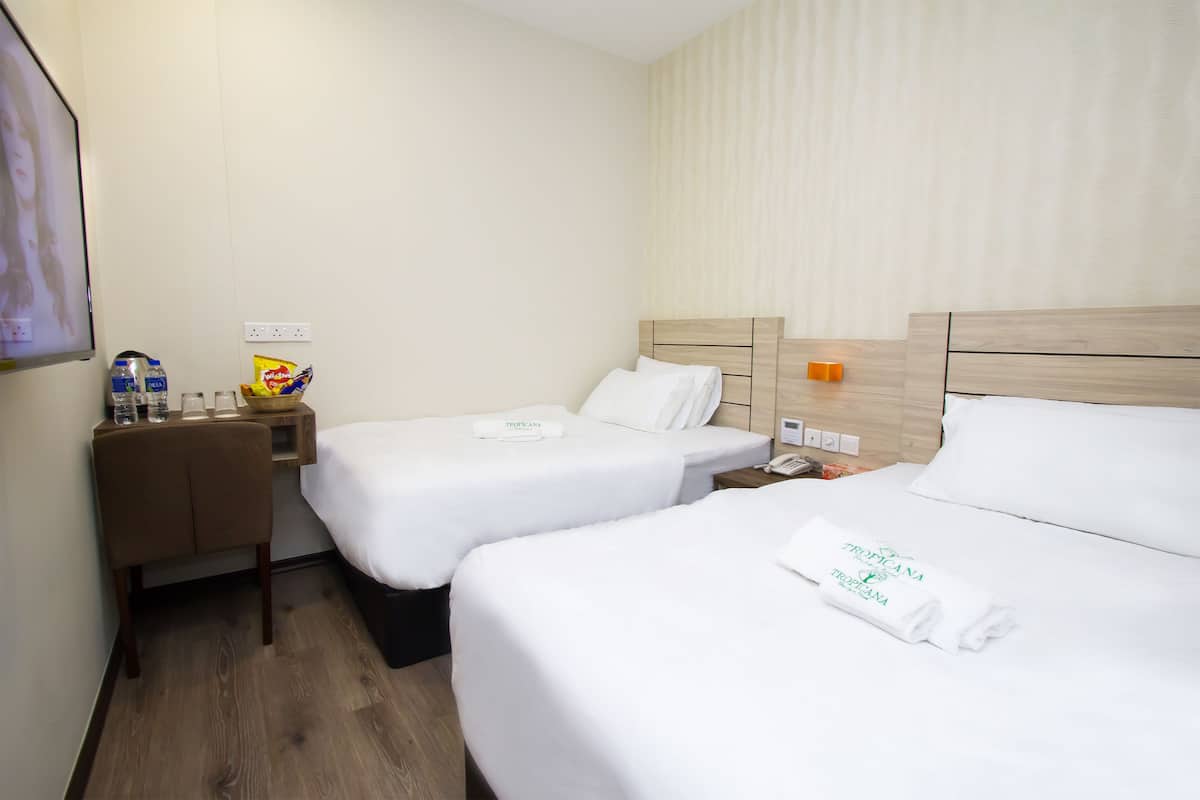Twin kamer | Een minibar met enkele gratis items, een bureau