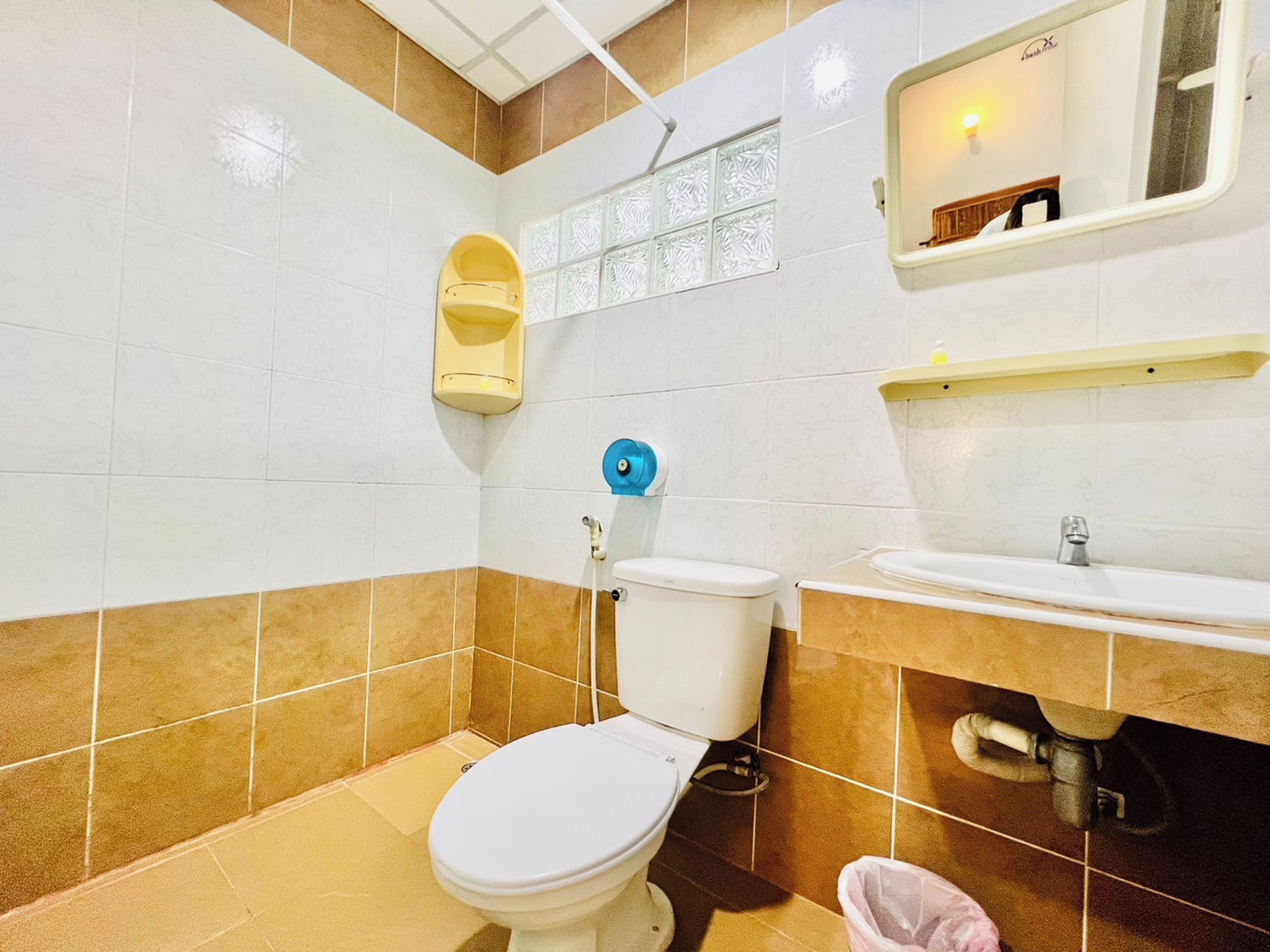 A bathroom with a toilet, sink, and a mirror.