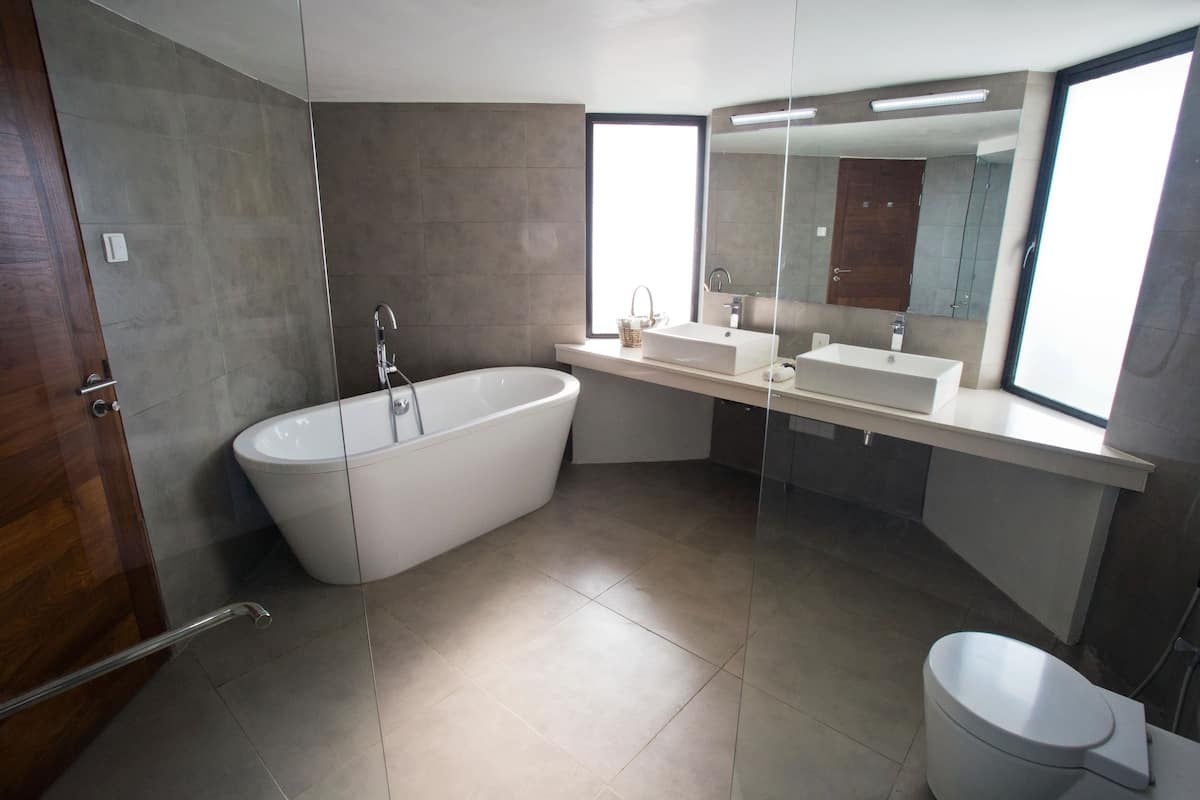 Une salle de bain moderne avec une baignoire sur pieds, des toilettes séparées et un meuble-lavabo avec un miroir.