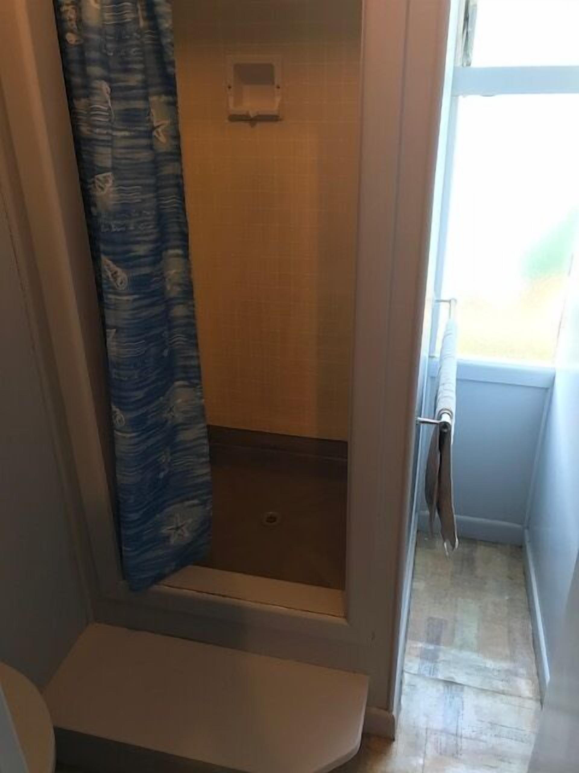 A shower area with a shower curtain, a small window, and a towel rack.