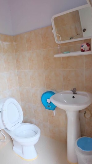 A bathroom with a toilet, sink, and a blue trash bin.