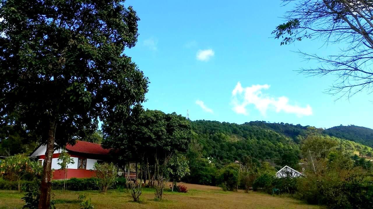 Paisagem rural com uma casa de telhado vermelho e paredes brancas, cercada por vegetação exuberante e colinas ao fundo.