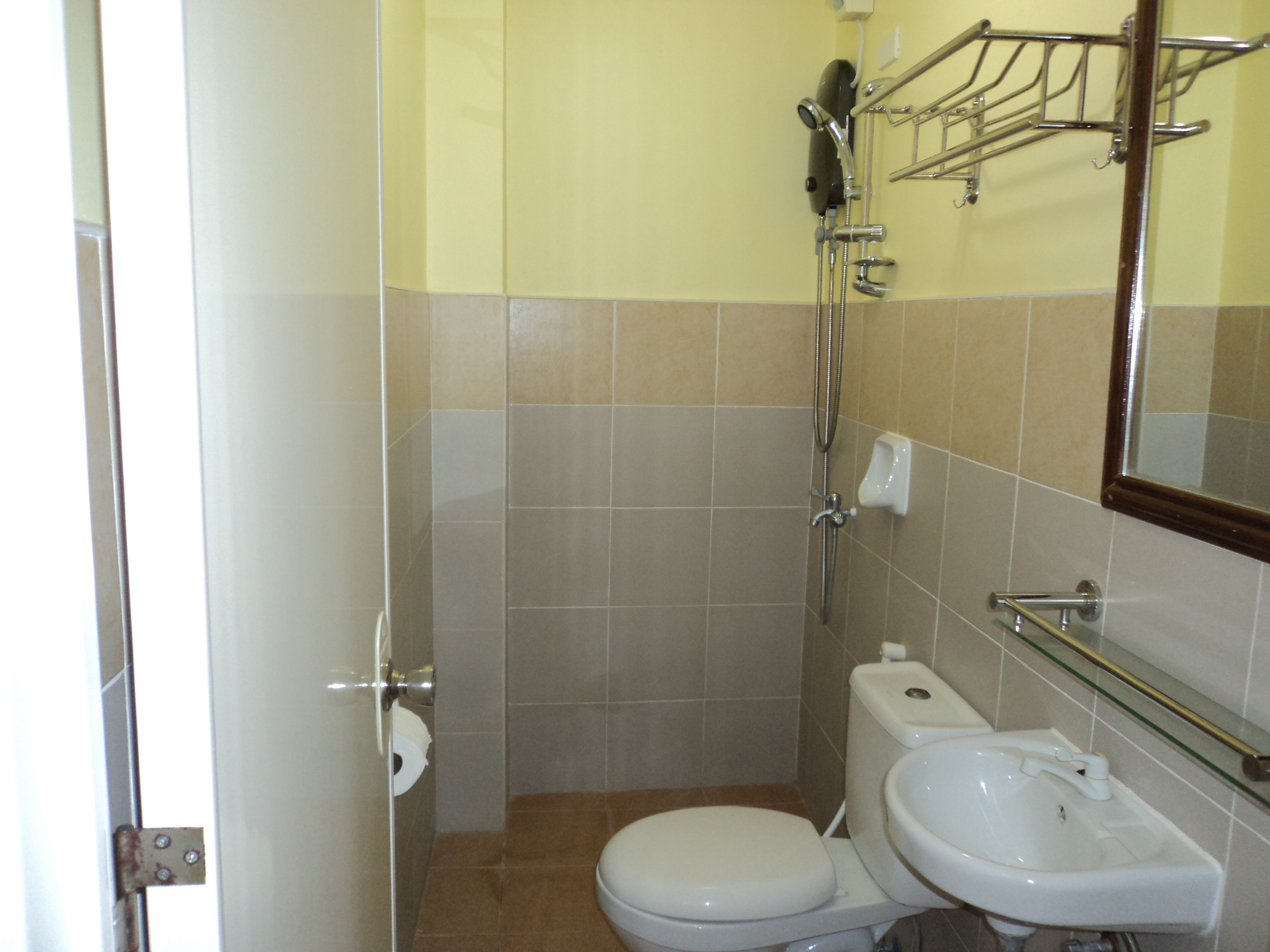 Une petite salle de bain avec des toilettes, un lavabo et une douche.