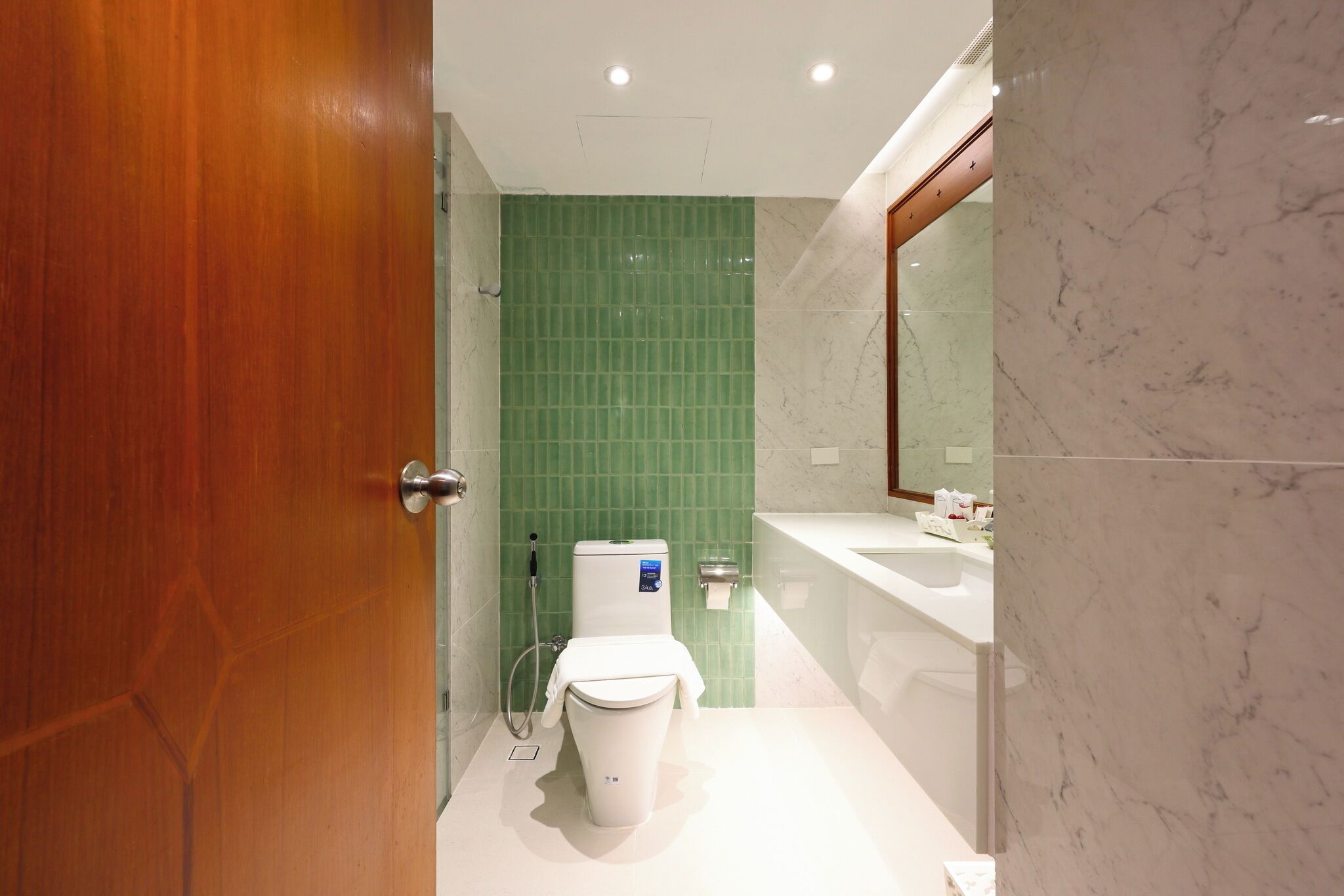 A modern bathroom with a toilet, green tiled walls, a marble floor, a wooden door, and a mirror.