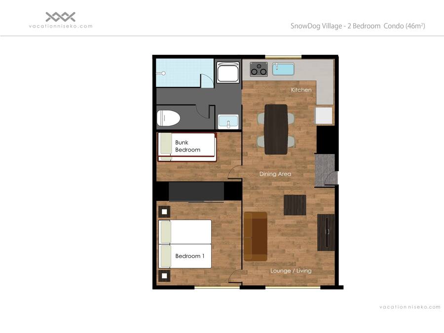 A 2-bedroom condo layout with a dining area, lounge, kitchen, and bathroom.
