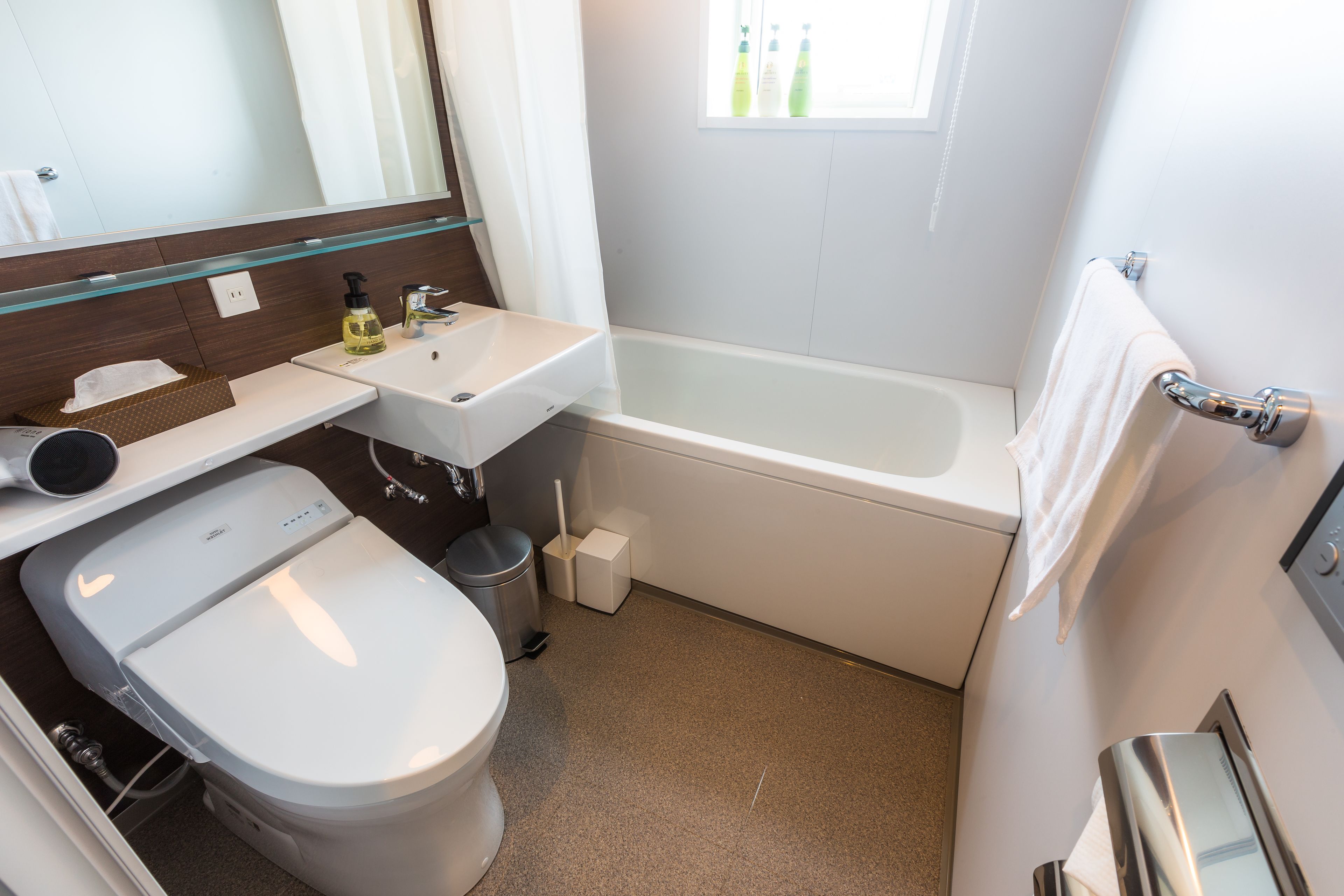 free toiletries, hair dryer, electronic bidet, towels