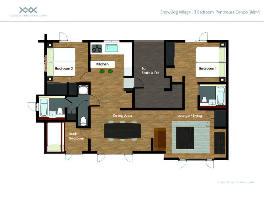 A 3-bedroom penthouse condo layout with a dining area, lounge, kitchen, and a bunk bedroom.