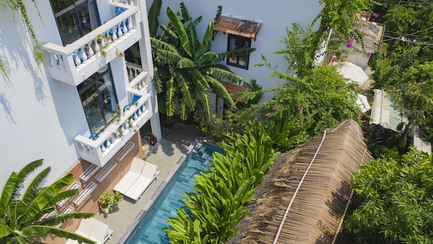 A rooftop pool surrounded by lush greenery and a thatched roof structure.