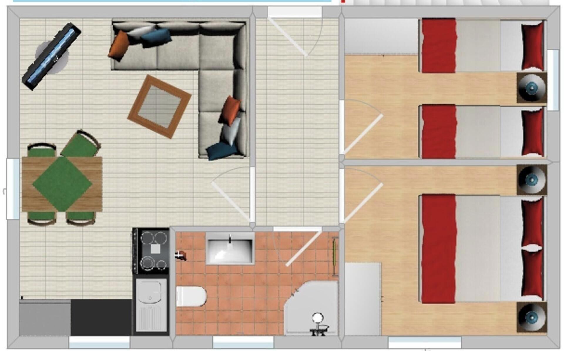 A hotel layout with a living area, kitchen, bathroom, and two bedrooms.