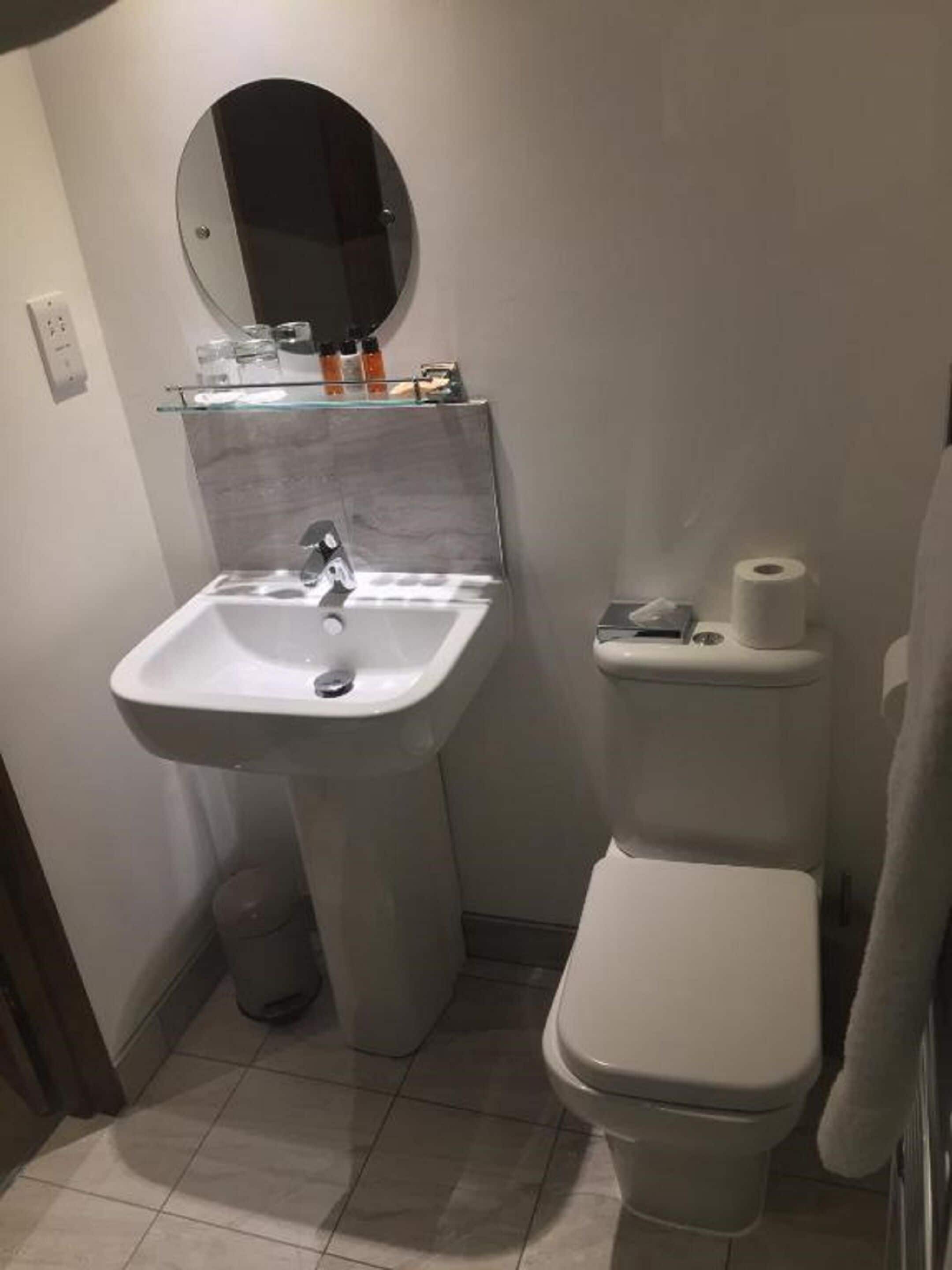 A bathroom with a pedestal sink, a toilet, and a mirror above the sink.