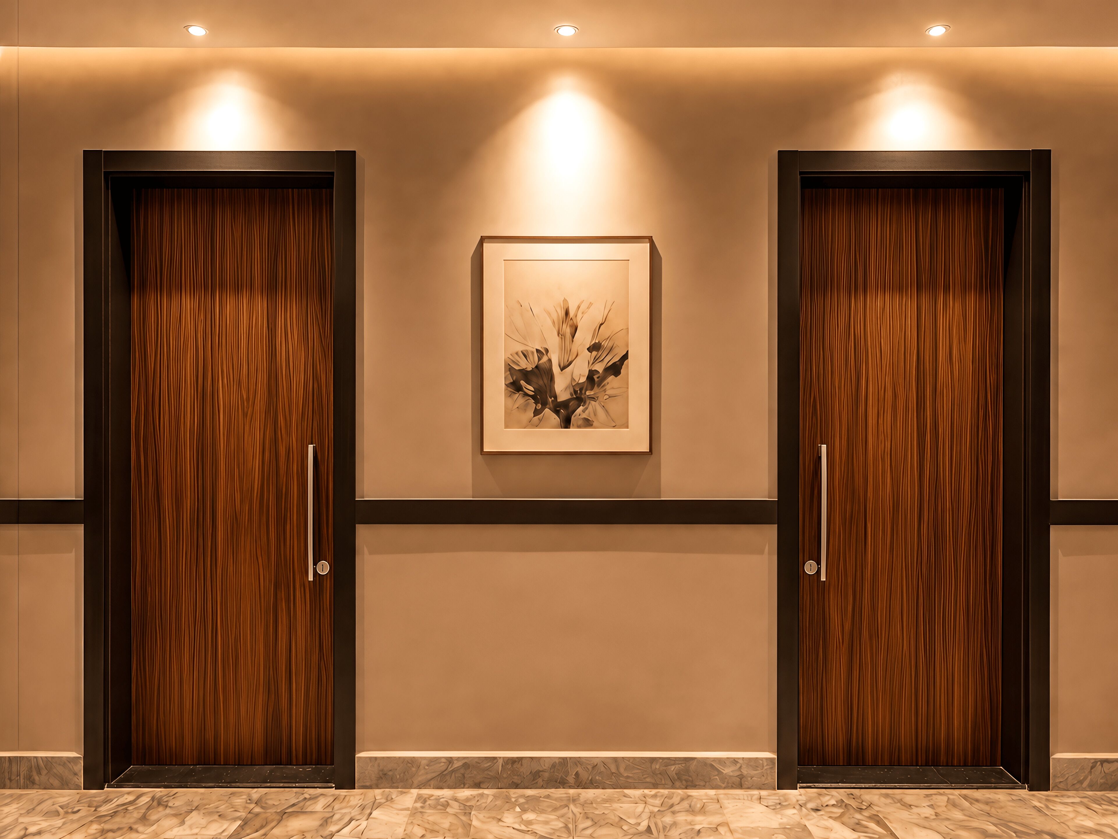 A hallway with two wooden doors, a framed artwork, and a marble floor.