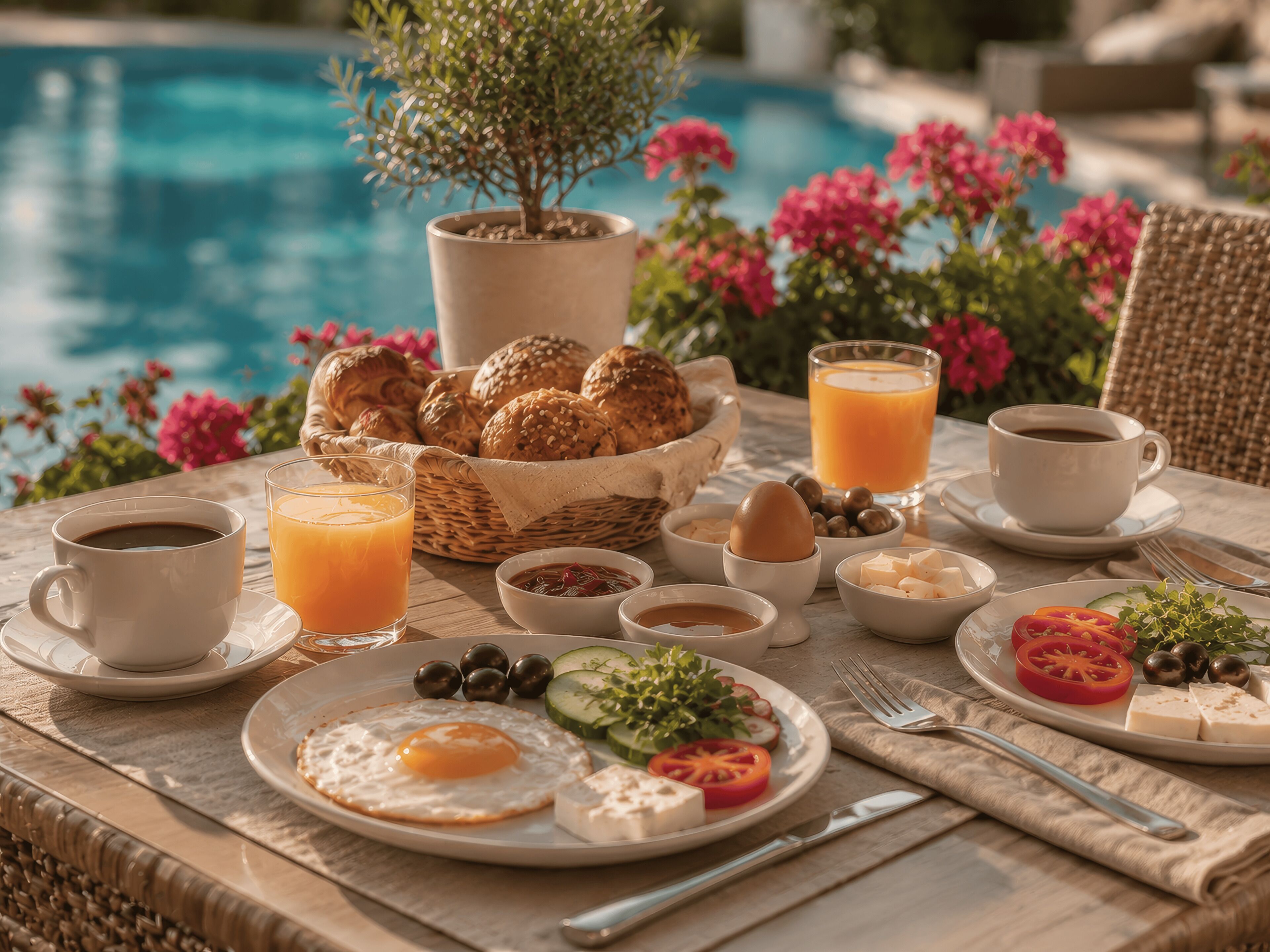 A breakfast setting with a pool view, including croissants, eggs, and fresh fruit.