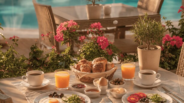 A breakfast setting with a pool view, including croissants, eggs, tomatoes, olives, cheese, and orange juice. - Bella Rose Apart Hotel (Alanya)