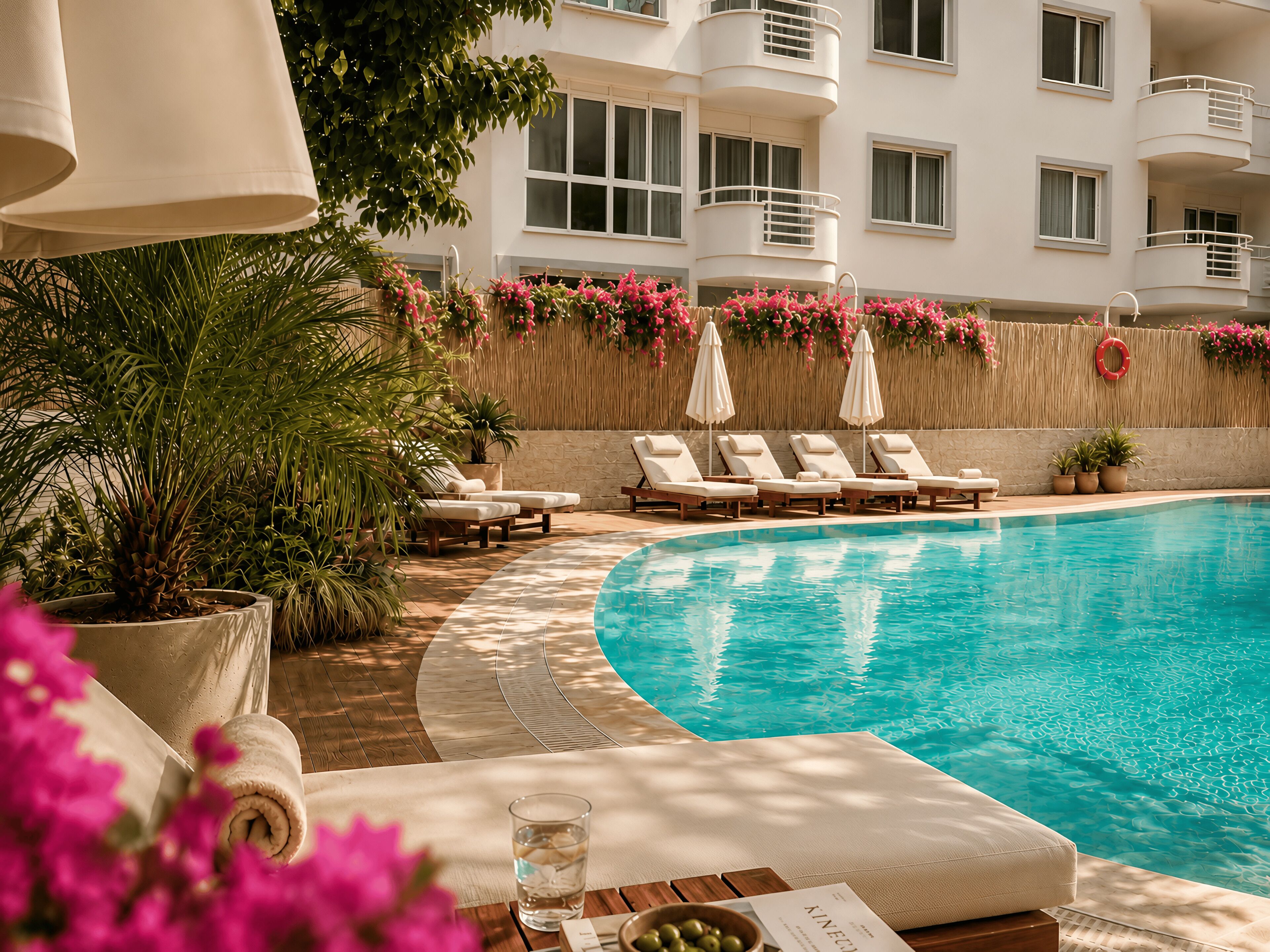 Ein Poolbereich mit Liegestühlen, einem Pool und einem Gebäude mit Balkonen.
