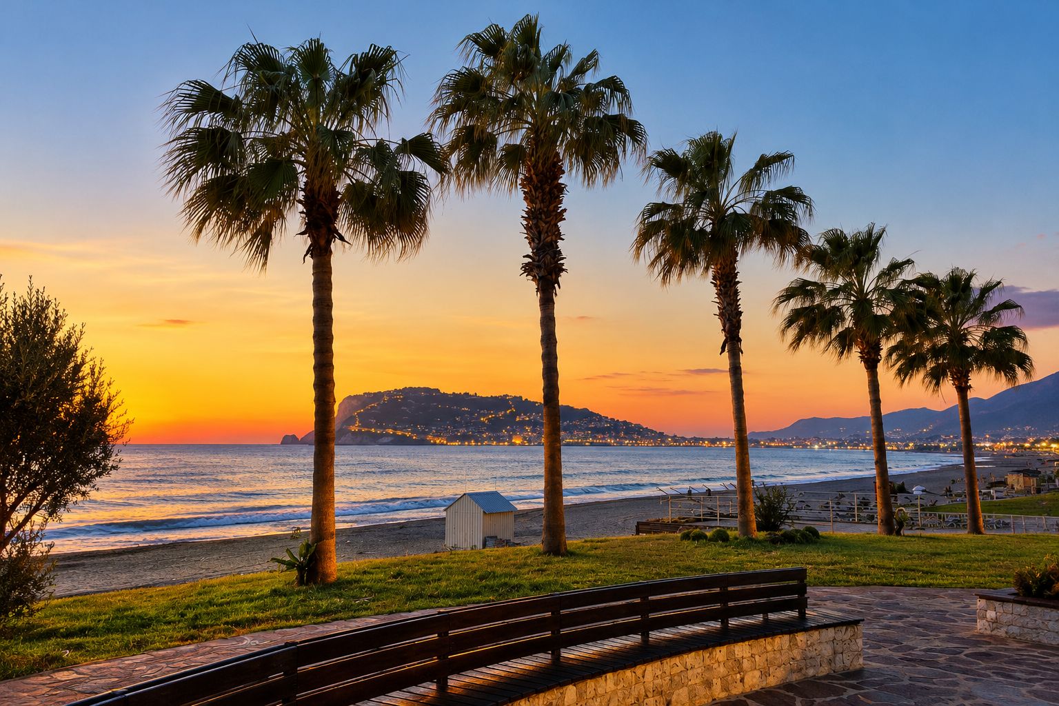 A coastal scene with palm trees, a beach, and a distant mountain range.