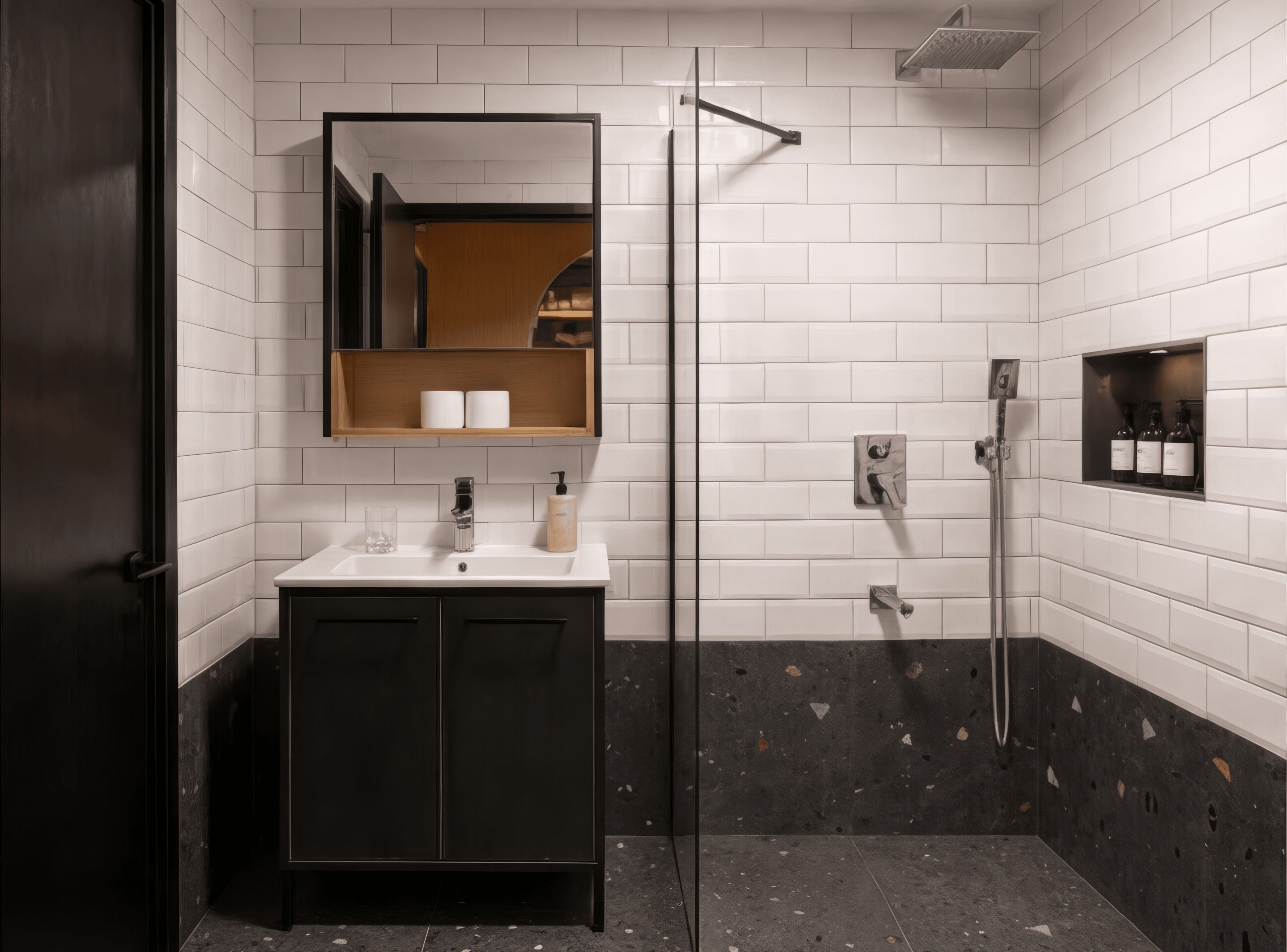 A modern bathroom with a glass shower enclosure, a dark-toned vanity, and a white tiled wall.