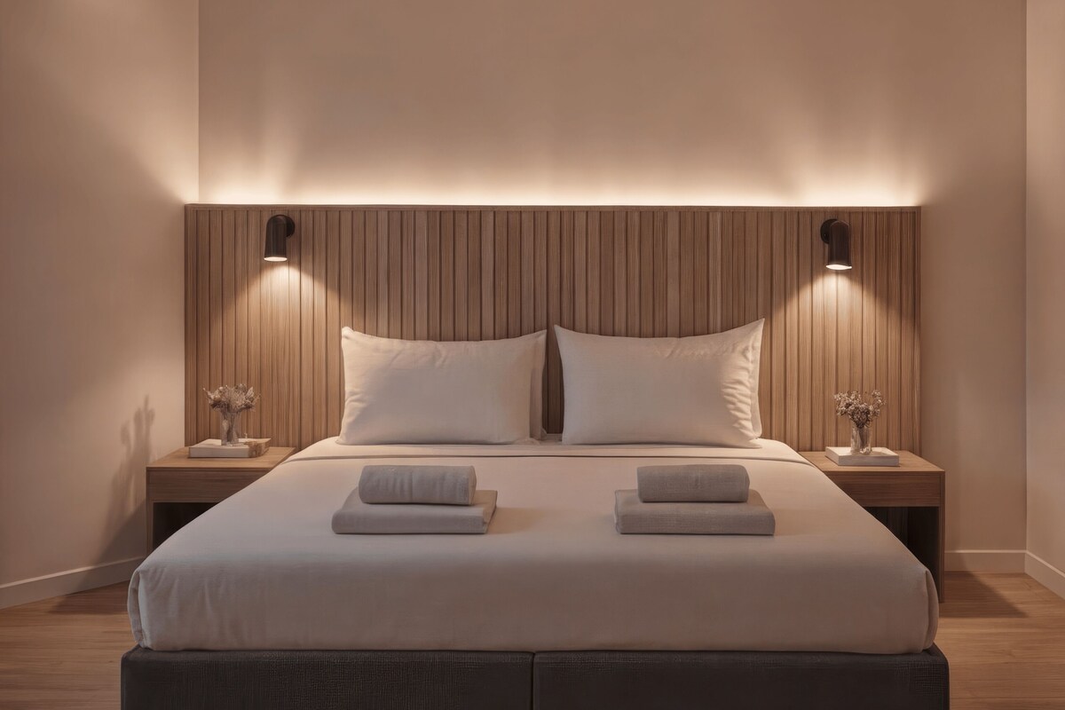 A modern bedroom with a large bed, two bedside tables, and a wooden headboard.