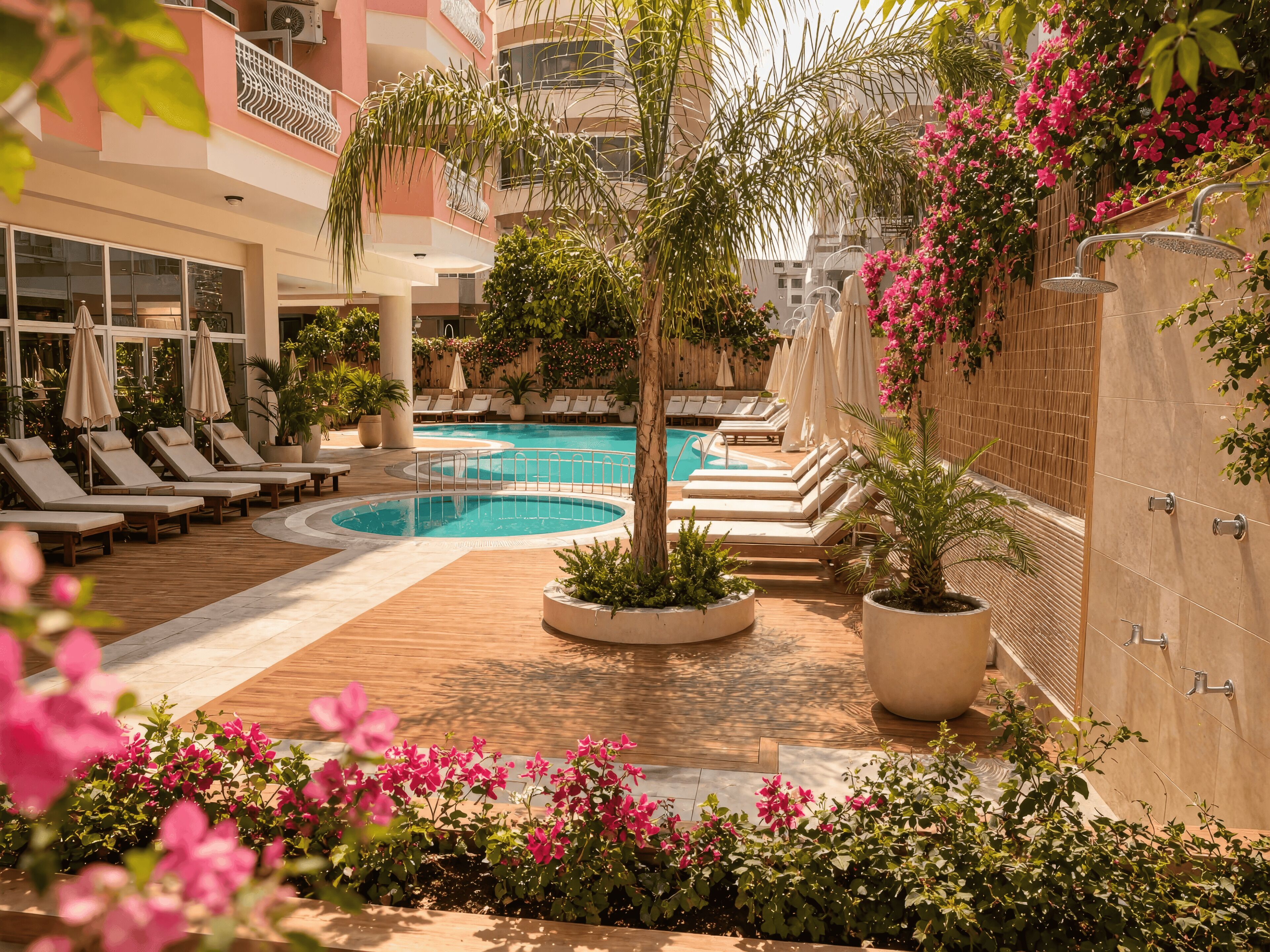 Un área de piscina con sillones reclinables, una piscina central, plantas en macetas y una cerca de madera.