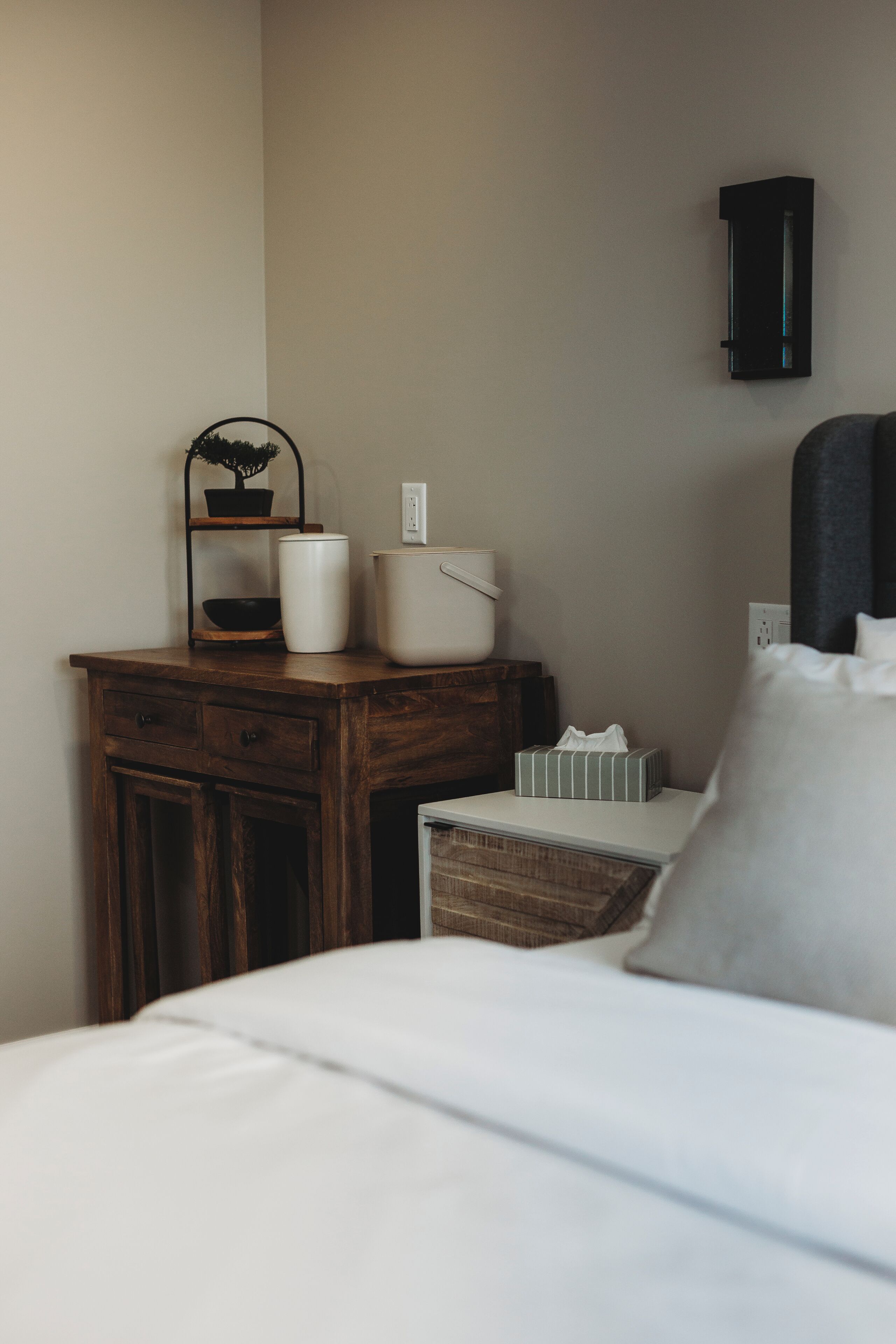 A neatly arranged hotel room with a bed, a wooden nightstand, a small table with a potted plant, a white trash bin, and a wall-mounted light fixture.