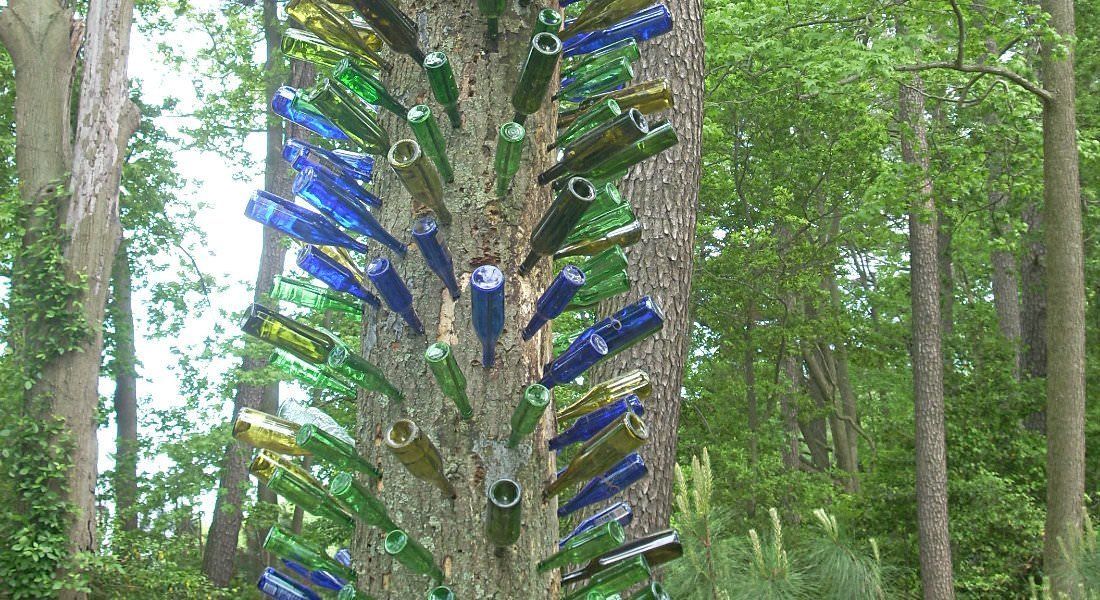 Un arbre dont les branches sont ornées de nombreuses bouteilles en verre.