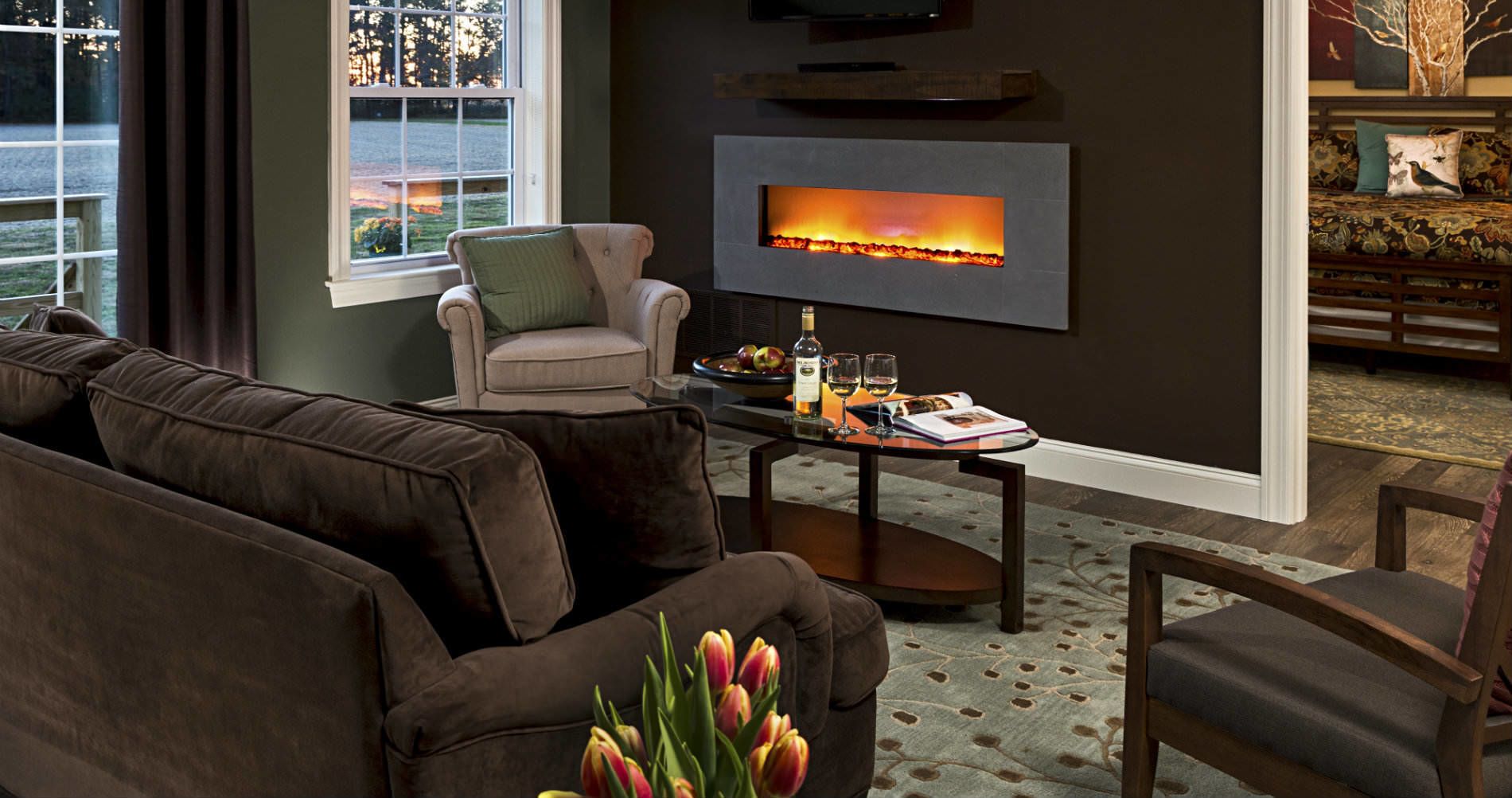 Woods Cottage | Living area | Flat-screen TV, fireplace