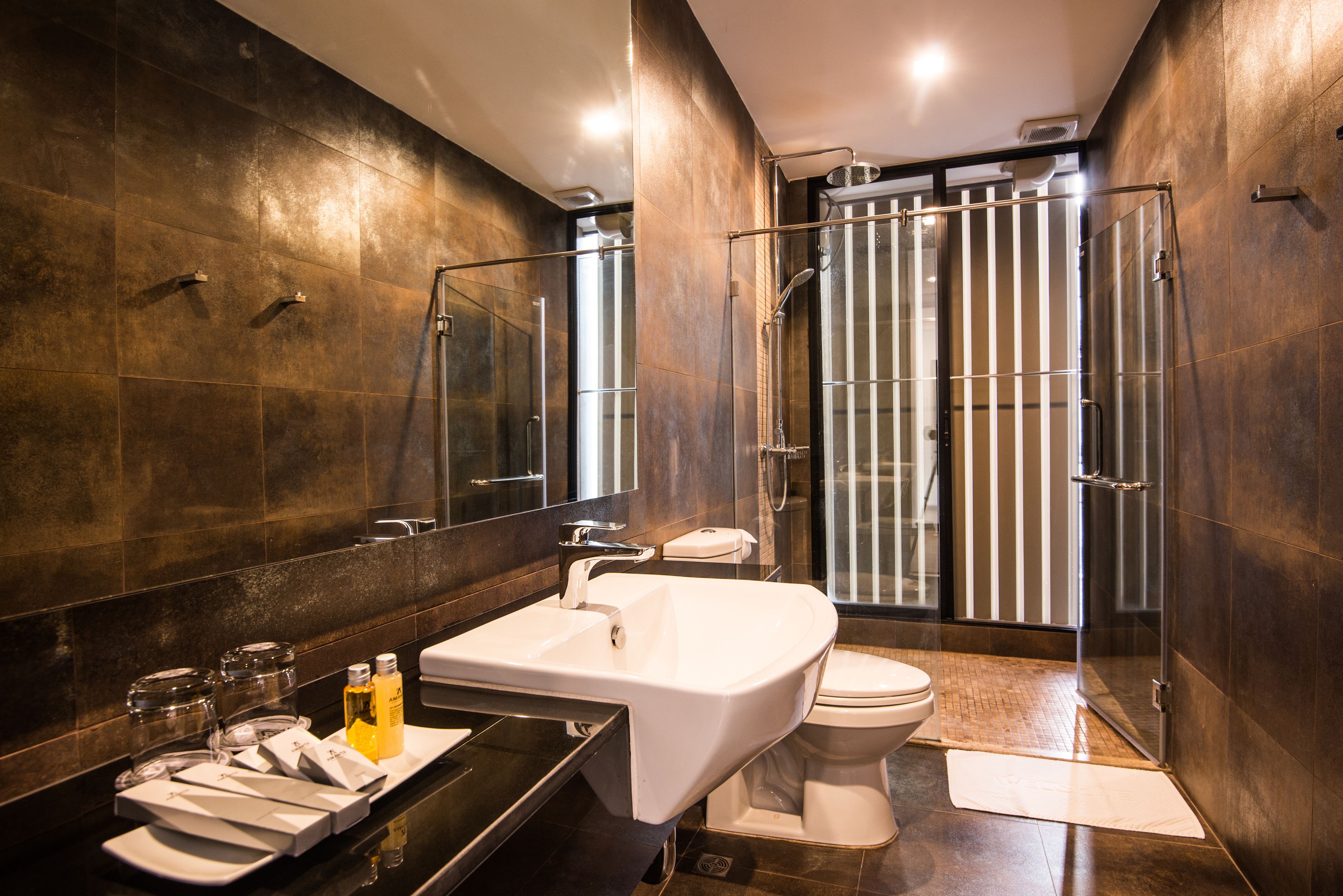 shower, rainfall showerhead, free toiletries, hair dryer