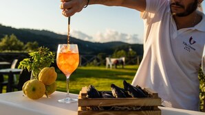 A person pouring a drink into a glass, lemons, and a wooden box with black objects on a table outdoors. - Villa Ginevra Resort Agrituristico (Ficarra)