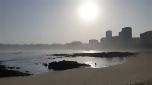Una playa con una persona caminando por la orilla, cielo despejado y un horizonte urbano al fondo.
