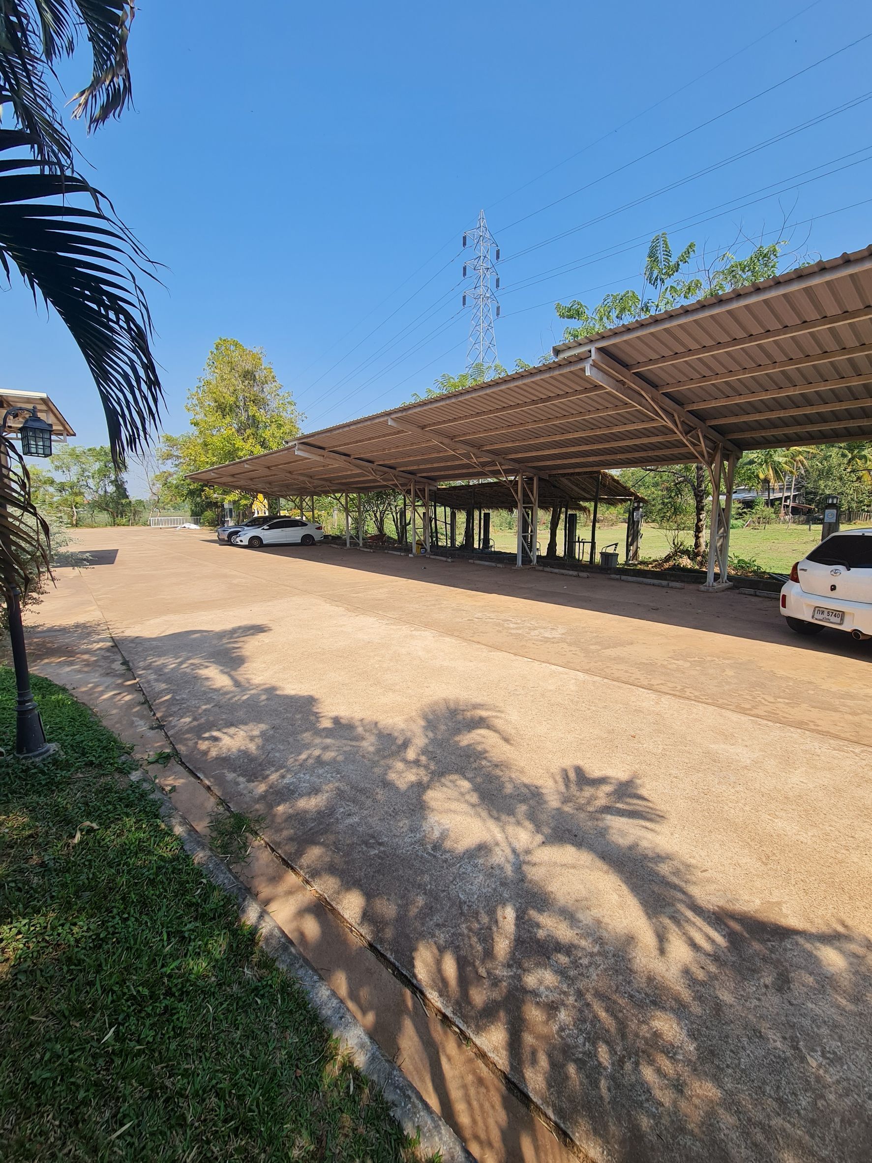 Un área de estacionamiento techada con pavimento de concreto, palmeras y una torre de servicios al fondo.