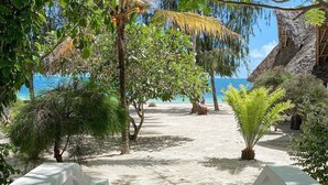Een pad dat naar een strand leidt, met rieten dakjes en weelderige begroeiing.