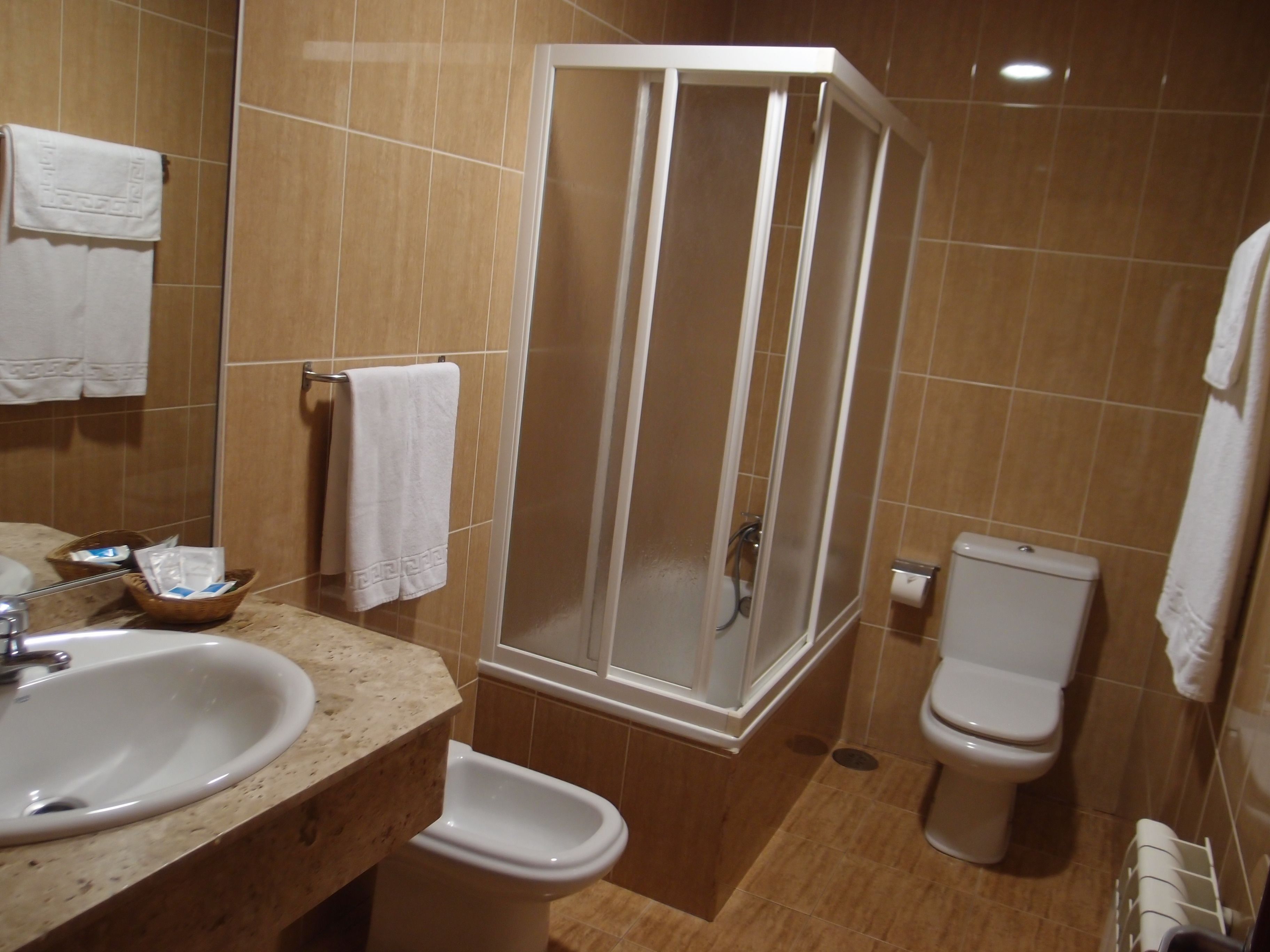 free toiletries, hair dryer, bidet, towels