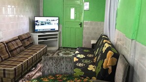 Een kleine woonkamer met een groene deur, een televisie op een dressoir, twee banken en een kamerbreed tapijt met een patroon.
